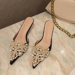 Slippers Spring and Autumn Fashion Sexy Women's Shoes Elegant Beaded Crystal Lace Patchwork One Pedal 35-42 Stiletto Slippers 2021 New G230328