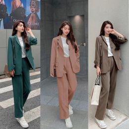 Women's Two Piece Pants Spring Autumn Office Suit Two-Piece Pantsuit Elegant Blazer Girly Female Set Casual Loose Jacket Work Clothes