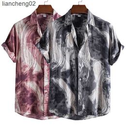 Men's Casual Shirts Men's Cotton Polyester Summer Short Sleeve Shirt Geometric ink Pattern Hawaiian Beach Male Shirts Casual Blouse For Men W0328