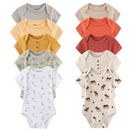 Rompers Born Bodysuits Unisex 5Pieces Baby Girl Clothes Solid Colour Cotton Baby Boy Clothes Set Cartoon Print Summer Bebes 230328