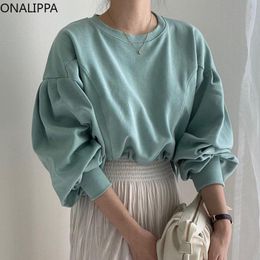 Women's Hoodies & Sweatshirts ONALIPPA All-match Sweatshirt Women Korean Chic Age-Reducing Round Neck Loose Side Drawstring Solid Color Lant