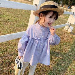 Kids Shirts Girl Blouses Clothing Autumn Baby Girls Blue Solid Casual Children Long Sleeve Mandarin Collar Slim Blouse 230327