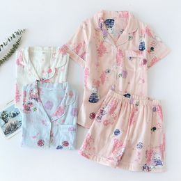 Women's Sleepwear Summer Shorts pajamas sets women 100% gauze cotton Japanese fresh sweet short sleeves shorts sleepwear women 230328