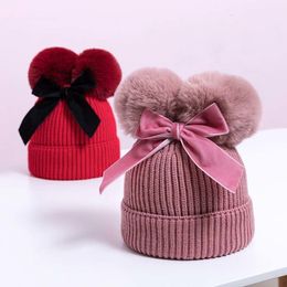 Caps Hats Double Pompom Baby Hat Warm Thicker Children Infant Beanie Cap Girls Bonnet Winter Knitted Kids Baby Girl Hat 230328