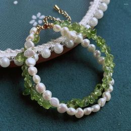 Strand Elegant Natural Freshwater Pearl Bracelets For Women Irregular Chips Green Peridot Quartz Crystal Baroque