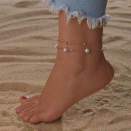 Anklets 1Set Alloy Imitation Pearl Pendant Anklet Gold Color Elegant Women Summer Beach Seaside Foot Show Jewelry 22cm Long