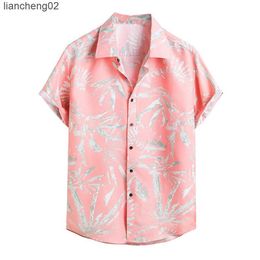Men's Casual Shirts Pink Shirt Men's Summer Short Sleeve Coconut Tree Pattern Vacation Loose Shirt Hawaii Casual Beach Top Men's Shirt W0328
