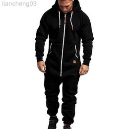 Men's Tracksuits Mens Onesie Jumpsuit Pyjamas Long Sleeve Sweatpants Pure Colour Splicing Autumn Winter Casual Hoodie Male Zipper Jumpsuit Cloth W0328