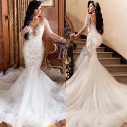 Party Dresses Long Sleeve Mermaid Wedding For Women Bride White Illusion Lace Bridal Dress V Neck Backless Robes Du Soir 230328