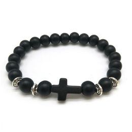 Beade Black Lava New Matte Cross Bracelets Women Men Jewelry Natural Stone Bangles Pseras Energy Bracel Dh5Cd