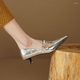 Dress Shoes 2023 Spring/Autumn Women Split Leather Pointed Toe Thin Heel For Solid Pumps Fashion Silver