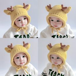 Caps Hats Cute Antlers Baby Hat 5M-5 Years Baby Kids Wool Hat with Lace Winter Warm Baby Ears Protector Windproof Baby Accessories 230328