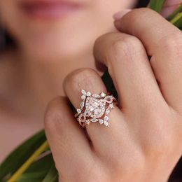 Band Ring Water Droplet Zircon Engagement Ring Women's Jewelry Luxury Wedding Accessories Rose Gold 3-piece Set Z0327