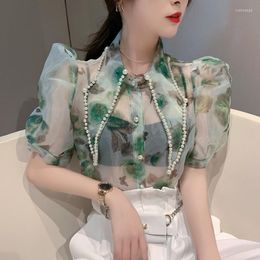 Women's Blouses Women's Chic Summer Beaded Point Collar Vintage Print Organza Shirt Sleeve Shrug Single-Breasted Chiffon Tops