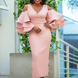 Casual Dresses V-neck Chic Ruffles Flared Sleeve Party Bag Hip Sexy Women Dress Vestidos De Fiesta Pink Elegant Office Wear 2023 Summer