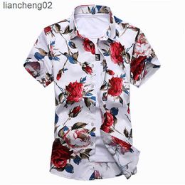 Men's Casual Shirts New Men's Slim Flower Printed white black Shirt Short Sleeve Casual Floral Hawaii Beach Shirt Fashion Holiday Lapel 5XL 6XL 7XL W0328