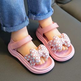 Sandals Children's Sandals for Girls New Korean Style Simple Summer Fashion Princess Open-toe Checkerboard Bow Causal Beach Shoes