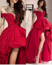 Dubai Arabic Red A Line Evening Dresses Plus Size Off Shoulder V Neck Hi-Lo Formal Evening Party Second Reception Birthday Engagement Pageant Gowns Custom Made