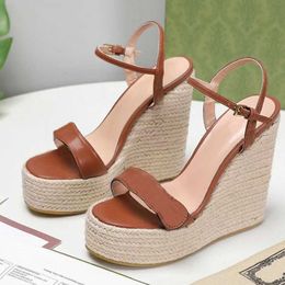 Fashion Designer Luxury Women Espadrille Leather Heels Platform Sandals Sexy Wedge 8-13cm Adjustable Ankle Strap Summer Wedding Shoe With Box NO291