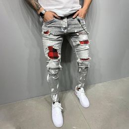 Men's Pants Spring Summer Patchwork Skinny Fit Ripped Jeans Stretch Biker Distressed Denim Casual SXL For 2023 230328