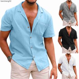 Men's Casual Shirts Male Soild Colour Blouse Cotton Linen Button Down Holiday Beach Shirts Loose Tops Short Sleeve Tee Shirt Handsome Men Shirt W0328