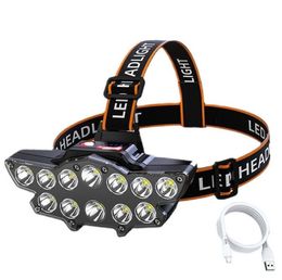 Most Powerful Headlamp Flashlight USB Rechargeable Head Lamp 12 LED Headlight 4 Mode Waterproof Head Torch Lights Camping Lantern With 18650 Built In Battery