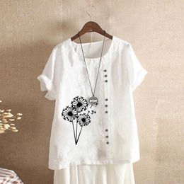 Women's Blouses 2023 Cotton Linen Gothic Woman Clothing Summer Office Lady Big Size Tunic Baggy Blouse Casual Short Sleeve Print Shirt