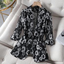 Women's Jackets V-neck Women Blazer Elegant Lace Hollow Out Thin Summer Blazers Female Office Floral Print Suit Coat Slim Tops G55