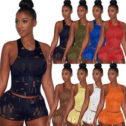Women Tracksuits Short Pants Outfits Fashion Casual Knitted Hole Sleeveless Vest Two Piece Set