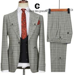 Men's Suits Blazers Cenne Des Graoom Classic Glen Plaid 3 Piece Vintage Men Suits Blazer Black Vest Pants Tailor-Made For Daily Meeting Wedding 230328