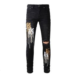 Men's Pants Black High Street Distressed Slim Painted Printing Letters Skinny Stretch Ripped Streetwear Destroyed Holes Brand Jeans 230328