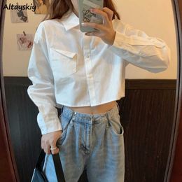 Women's Blouses Shirts Shirts Women Cropped Tops Slim White Clothing Long Sleeve College Pockets Daily BF Casual Solid Simple Design Stylish All-match Y2303