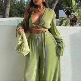 Women's Two Piece Pants Women Office Lady Party Set Solid Long Sleeve Lacing Crop Tops Wide Leg Loose Trousers Palazzo Casual Fashion