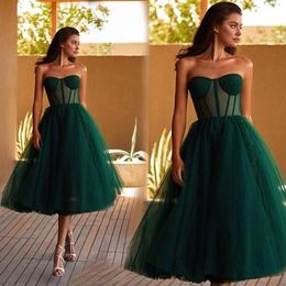 Prom Party Gown Formal Evening Dresses A Line Strapless Sleeveless Tea-Length Tulle Short Backless Sexy Custom Plus Size