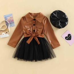 Girl's Dresses 3-7Y Children Girls Fashion Dress with Beret Hat Baby Autumn Clothing Kids Long Sleeve Lapel PU Leather Patchwork Tulle Dress