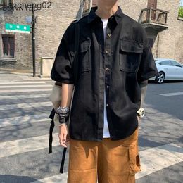 Men's Casual Shirts Shirts Men Clothing Fashion Short Sleeve Summer Korean Style Loose All-match Cargo Handsome Chemise Homme Solid Tops Harajuku W0328