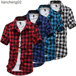 Men's Casual Shirts Youth Summer Slim Fit Plaid Short Sleeve Shirts for Men W0328