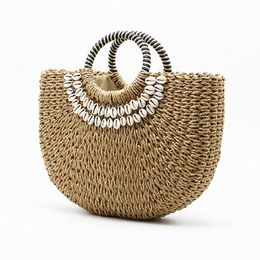 Women Bags Designer Hand Woven Shell Straw Bag Bohemian Stitching Clutch Bali Seaside Holiday Moon Bag Beach Bag Handbag 230328