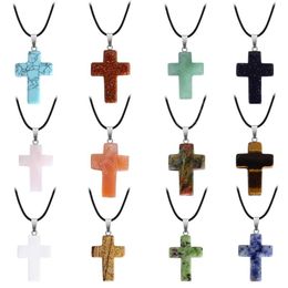 Natural Stone Pendant Necklace Women Men Pink Crystal Tiger Eye Stone Jesus Cross Necklace For Women Spiritual Jewellery