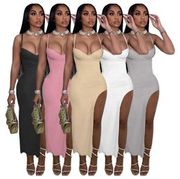 Nya kvinnor casual klänningar mode maxi klänning fast färg strappy sexig klänning halter ärmlösa slit damer lång klänning