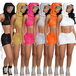 Wholesale Women Knit Crochet Two Pieces Dress Sets designer Sexy Crop Hoodie Top Mini Skirts Beach Suits Luxury Outfits Skirt 9593