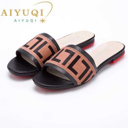 Slippers AIYUQI Plus Size indoor slippers summer Genuine Leather Flat Women slides horse hair Casual Outdoor Beach shoes G230328