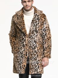 Men's Leather Faux Warm Winter Outerwear Autumn Clothing Fur Coat Jacquard Leopard Print Large Lapel Top Long 230328