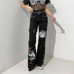 Women's Jeans Clothing Fashion Black Metal Buckle Contrast Printed Cargo Pants Girls High Waist Casual Straight Denim Trousers