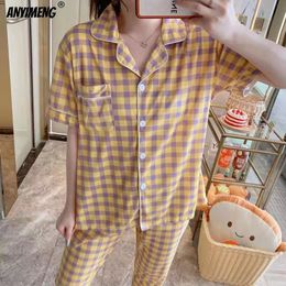 Women's Sleepwear Summer Sweet Girl Plaid Pyjamas Set Cardigan Cartoon Short Sleeve Long Pants Homesuit Fashion Pijamas Women Home Clothes 230328