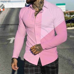 Men's Casual Shirts 2022 Men's Pink Shirt Autumn Casual Turn-down Collar Streetwear Colour Block Print Beach Long Sleeve Oversize Shirt For Men Tops W0328