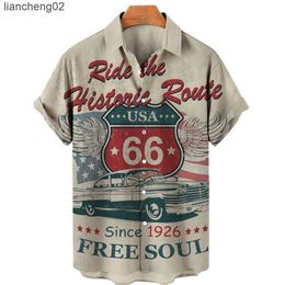 Men's Casual Shirts 2022 Men's Shirts Hawaiian Shirts Men Route 66 3d Printed Summer Loose Breathable Shirts For Men Retro Short Sleeve Retro Shirt W0328