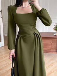 Casual Dresses Elegant Puff Sleeve Women Dress Vintage Square Collar Corsets Folds Ladies A-line Midi Dresses Spring Summer Female Vestido 230327