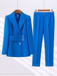 Women's Two Piece Pants High Quality Pant Suit Ladies Green Blue Apricot Women Business Work Wear Formal 2 Set Female Blazer Jacket And