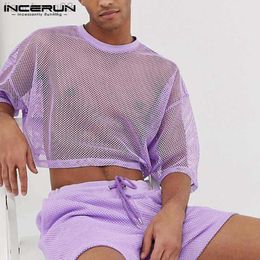 Men's Tracksuits Men Mesh Sets See Through Solid Colour Short Sleeve Crop Tops Shorts 2023 Streetwear Breathable Party Casual Men Suits W0328